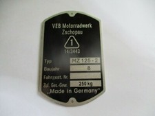 Typenschild Schild VEB MZ 125-2 250kg Zschopau Oldtimer