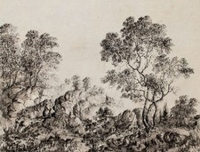 Landschaft mit Figurenstaffage W. Blomfield Unikat signiert Tusche Zeichnung