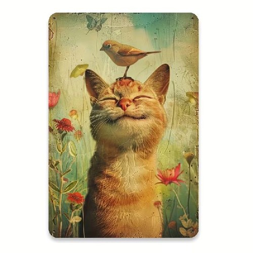 Blechschild katze mit vogel - blechschild,