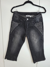 Jeans Damen Gr. 38 Marke bpc 2% Stretch Capri / 42cm lang Schwarz Glitzersteine