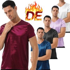 DE Herren Satin Shirt Pyjama Sexy Kurzarm Oberteil Glänzend Crop Top Nachthemd