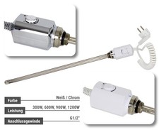 HAGO® Elektro Heizstab 1/2" Heizpatrone Lanze Heizelement Weiß Chrom 300-1200W