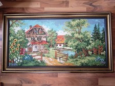 Gobelin Stickbild Groß fertig mit Braunem Rahmen 99cm * 55cm Bauernhaus am See