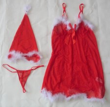 Weihnachtskostüm Cosplay 3er Set Babydoll Mütze String Dessous Erotik Reizwäsche