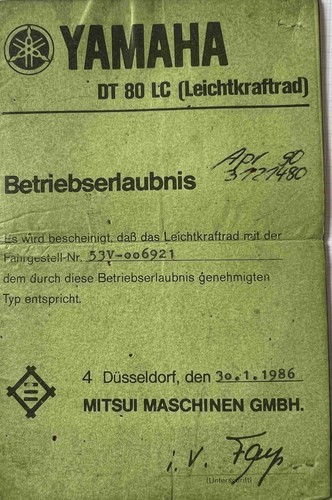 Betriebserlaubnis yamaha 80 - betriebserlaubnis, dt