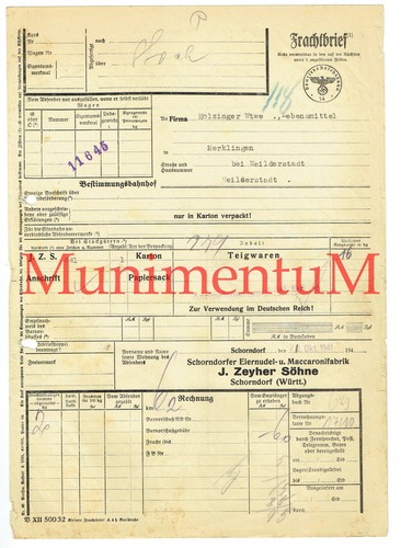 Frachtbrief 1941 eiernudel - frachtbrief, eiernudel-