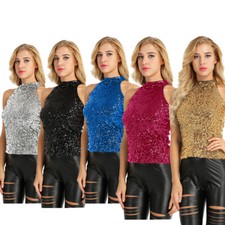 Damen Bluse Pailletten Verschönert Funkeln Weste Tank Neckholder Tops Oberteile
