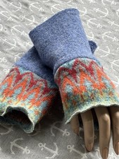 Handstulpen Stulpen Walkloden jeansblau Norwegermuster flauschig weich 20,5 cm