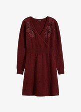 Strickkleid mit Spitze am Oberteil Gr. 36/38 Rubinrot Damen Mini-Kleid Neu*