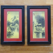 Gerahmte Bilder Set, 2 Stück Japanische Tuschezeichnung Passepartout Lackrahmen