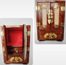 Vintage Schmuckschrank asiatisch chinesischer Stil aus Holz, Samt, Steinplatten