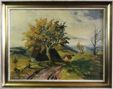 Neusch..-?? unleserlich sig- TOP-Gemälde 1943: BAUERNKATE AM FELDWEG, FAHRSPUREN