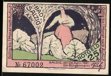 Notgeld Bad Salzig 1921, 25 Pf, Frau mit Kohlköpfen und Steinfigur in Landschaf 