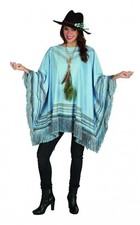 blauer Poncho Umhang m Fransen