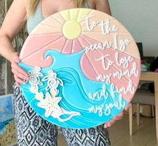 Wand Kunst Deko Strand Meer Seele Holz Teller Schildkröte Sonne Spiritualität