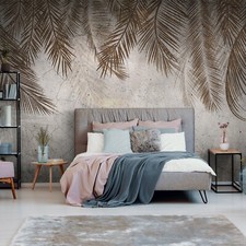 Fototapete Federn Palmen Blätter Beton Wohnzimmer VLIES TAPETE XXL + KLEISTER