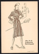 Künstler-AK Düsseldorf, Reklame des Modekarten Merkur-Verlag, Frau in einem spo 