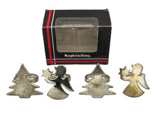 Versilberte Serviettenringe mit Weihnachtsbaum und Engelmotiv 4 Stück 80er Jahre