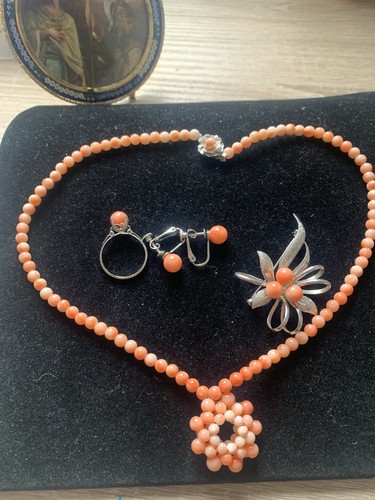Korallen kette set mit - , silber