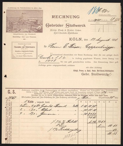 Rechnung köln 1891 gebrüder - 1891,,