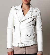 Weiße Lederjacke Damen Biker Motorrad Slim Fit Echt Lammleder Gürtel Mantel