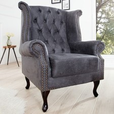 Chesterfield Ohrensessel antik grau mit Knopfheftung und Federkern Loungesessel