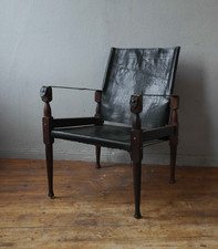 Vintage Safari Chair Stuhl Teakholz Leder schwarz Messing 50er Vintage