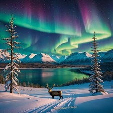 Polarlichter in Lappland Rentier Winterlandschaft Leinwandbild Schnee Natur