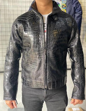 Herren Schwarz Alligator Prägung Echt Leder Jacke SlimFit Krokodil Optik Jacke