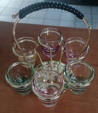 Schnapsgläserset bunt mit Metallrondel, 50/60-er Jahre