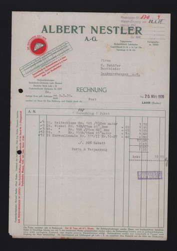 Lahr rechnung 1939 albert - lahr,,