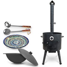 Feuerofen 40 cm 2 mm Stahl Utschak mit Usbekische Kazan 12 L Schaumlöffel Lagan