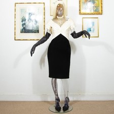 Vintage 80er Sanduhr Abend Wackel Schwarz Samt Elfenbein Satin Cocktailkleid S