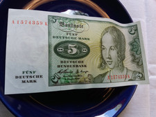 DM- Geld Schein: 5 D-Mark, 1960, Frankfurt, Umlaufgeld aus Deutschland BRD (T0)