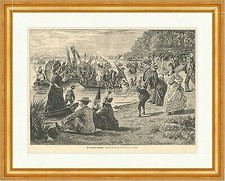 Der Stralauer Fischzug Rosenstand Ufer Kinder Boote Schirm Holzstich E 15506