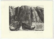 CARLA FUSI: Exlibris für Siggi Bressler, Bergsteigerschuhe