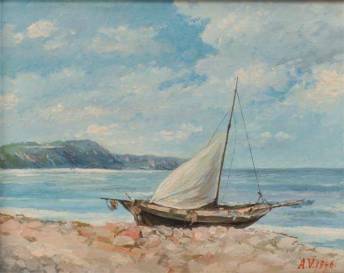 Altes gemälde boot strand - am,