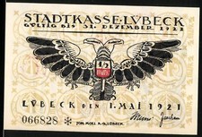 Notgeld Lübeck 1921, 50 Pfennig, Stadtwappen mit Adler, Lübeck Stadtansicht und 