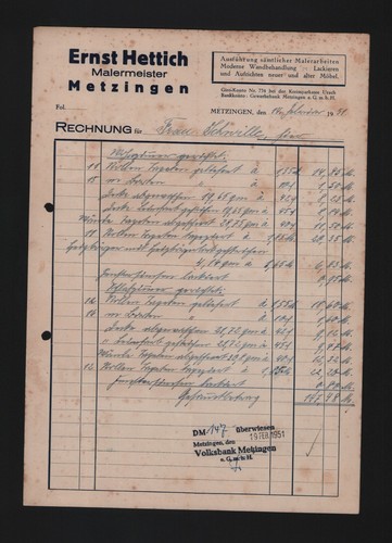 Metzingen rechnung 1951 - metzingen,,