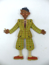 Vintage Holz Hampelmann Figur mit Baskenmütze und Brille