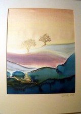 Seidenmalerei, Motiv Landschaft, pastellfarben goldfarbene Linien, 1984 signiert