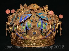 11'' Old China Kupfer 24K Gold Gilt Inlay Edelstein Dragon Phoenix Hut Helm Cap