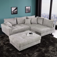 Ecksofa KENT 220cm hellgrau Cord inklusive Hocker L-Form Couch Sofa Wohnzimmer