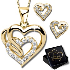 Schmuckset echt 925er Silber Herz Ohrringe Halskette Kristalle Gold für Frauen