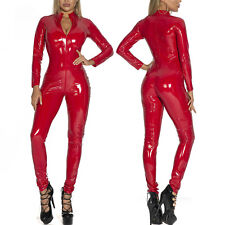 Damen Catsuit Ganzkörper Lack Leder Wetlook Overall Langarm Bodysuit Clubwear
