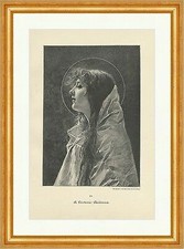 Madonna Fontana Religion Glaube Mutter Heiligenschein Holzstich A 1954 Gerahmt