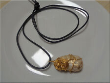 Neu lange Kette großer Anhänger Naturstein Aludraht gold Handmade Unikat 