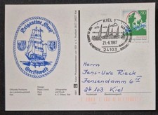 alte Sonder-Postkarte Kieler Woche mit Sst. "Brigantine Greif" Kiel 1997