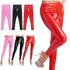 DE Damen Lackleder Leggings Lederhose Glänzend Schritt Offen Hose Strumpfhose  