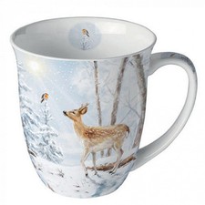 Tasse Reh mit Rotkehlchen Teetasse Kaffeetasse Winter Vogel Porzellan